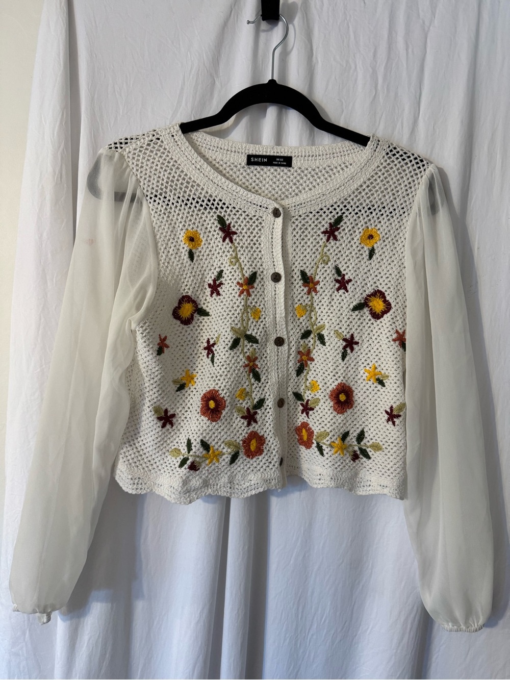 SHEIN White CrCrochet Knit Floral Embroidered Button-Front Top with Sheer Sleeve